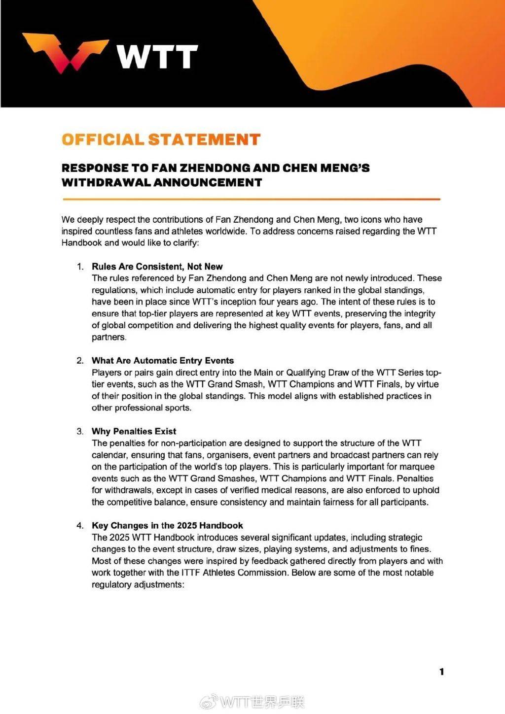 樊振东&陈梦退出世界排名,WTT回应:始终将球员利益置于核心