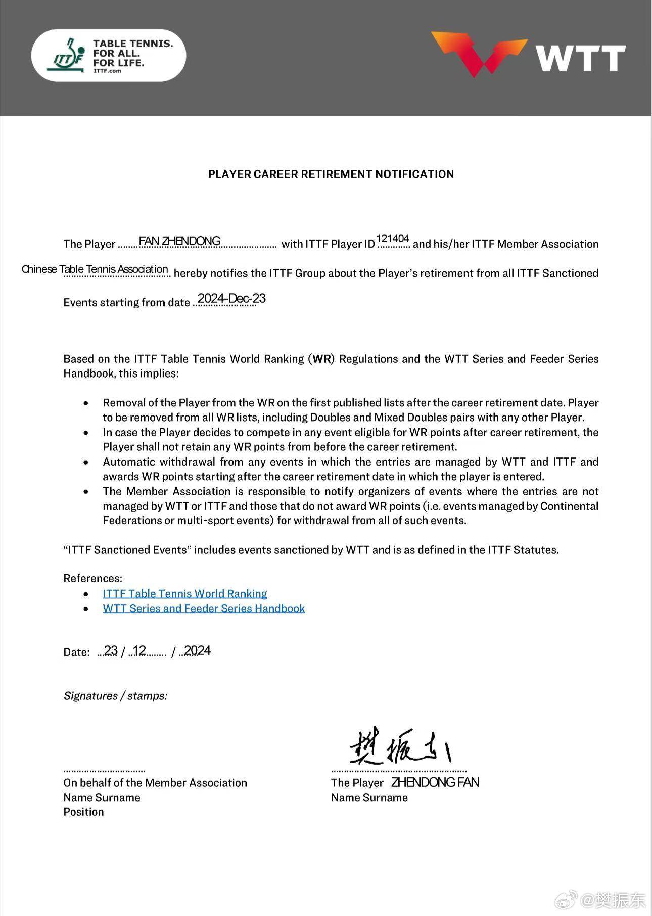 樊振东&陈梦退出世界排名,WTT回应:始终将球员利益置于核心