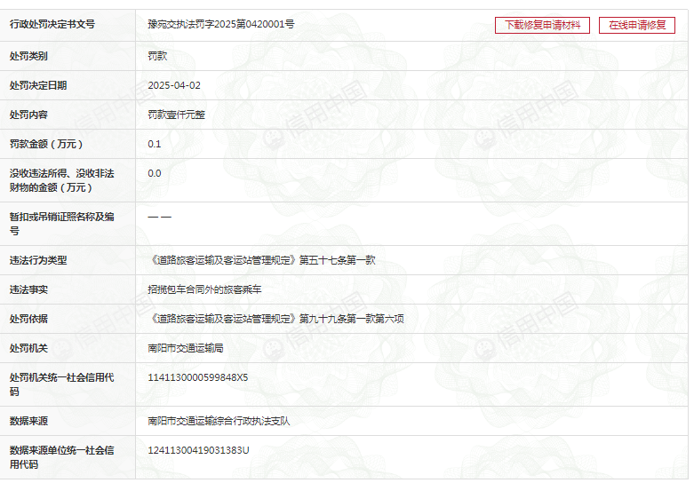 南阳宛运集团被罚21次后，其分公司因“揽客”行为再收罚单